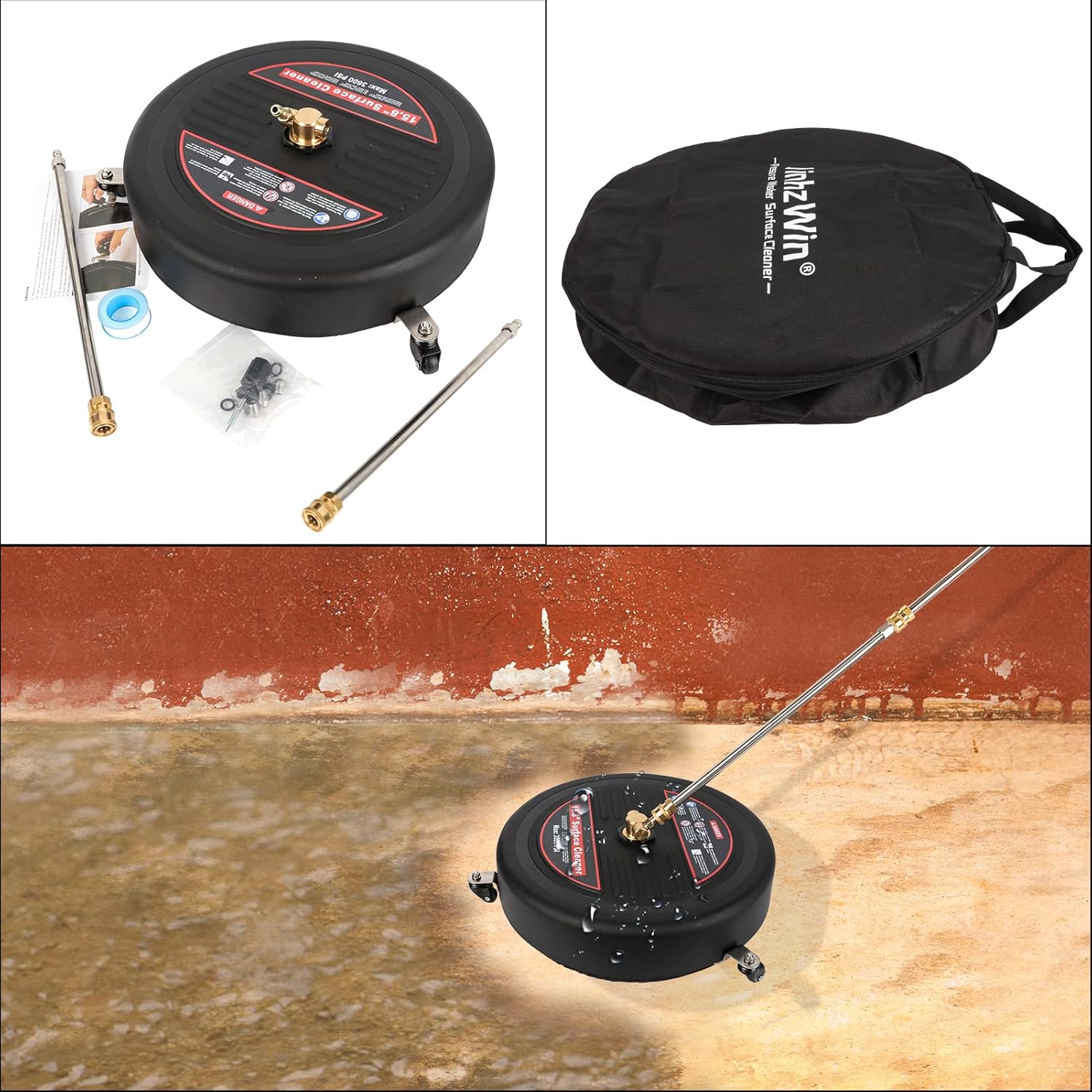 15.8'' Pressure Washer Surface Cleaner, 3600 PSI Plastic Power Surface Cleaner with 3 Wheels, 2 Extension Wands, 1/4" Quick Connection, Watertight Tape, Storage bag - for Cleaning Driveway Sidewalk