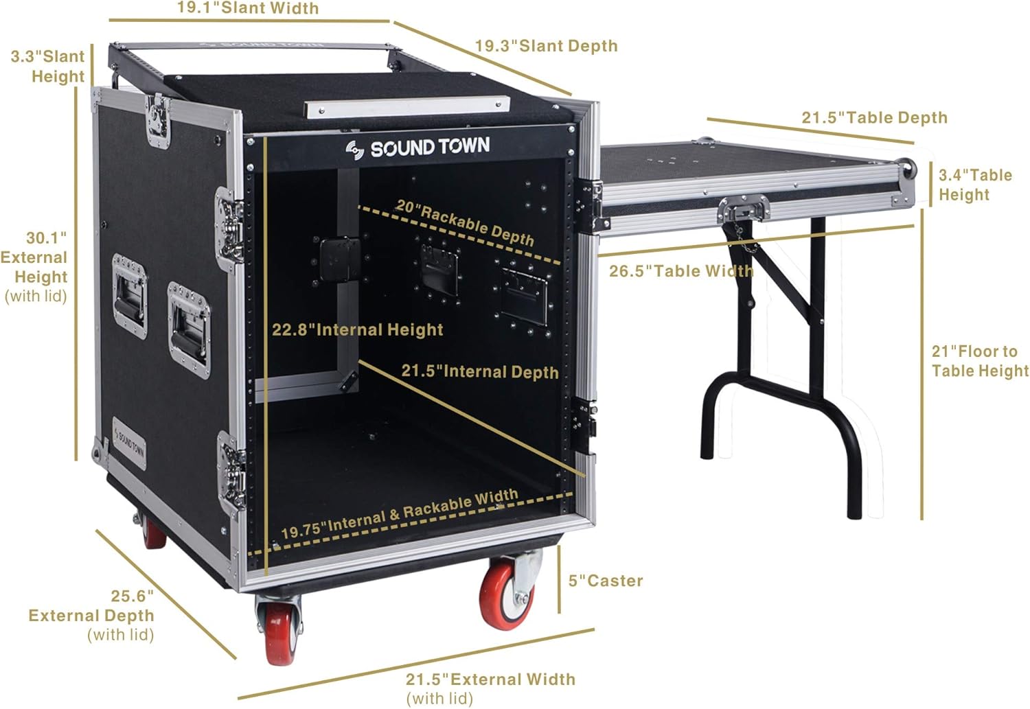 Sound Town 14U PA DJ Rack/Road ATA Case with 11U Slant Mixer Top, 20���� Rackable Depth, DJ Work Table and Casters, 14 Space Size, Pro Tour Grade (STMR-14UWT)