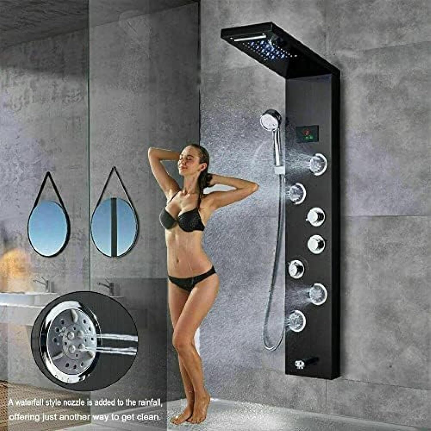 Shower System, Stainless Steel Shower Panel Tower Faucet LED Rainfall Massage System Nozzle Set-Black 9001