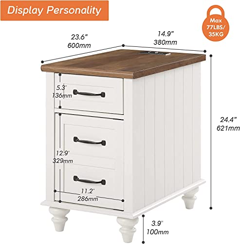 WAMPAT 2 Pack Modern End Table with Charging Station, Side Table with Storage Cabinet for Living Room, Nightstand with Drawer for Bedroom, White/Oak