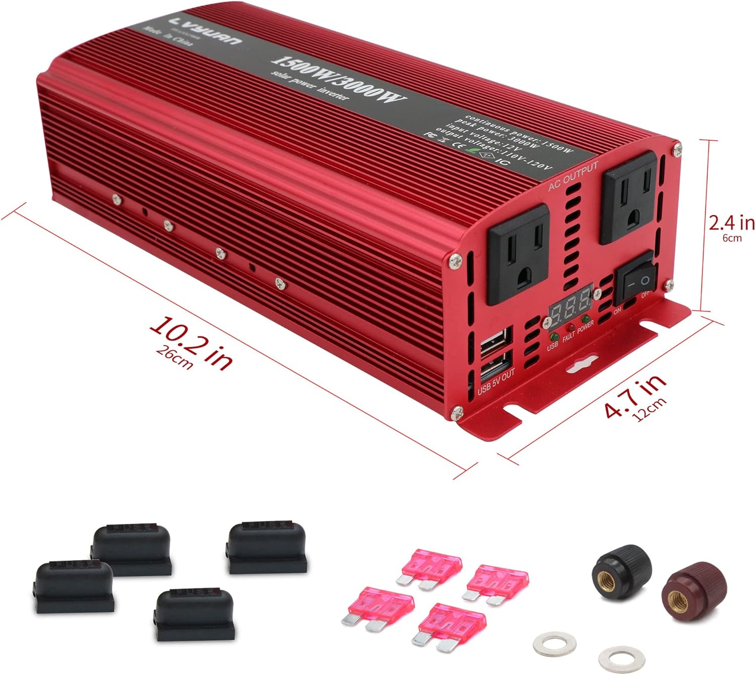 LVYUAN 1500W/3000W Power Inverter Dual AC Outlets and Dual USB Charging Ports DC 24V to 110V AC Car 24V Inverter Converter with Digital Display 4 External 40A Fuses for Blenders, vacuums, Power Tools