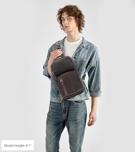 LANNSYNE Full Grain Leather Sling Bag For Men Crossbody Chest Daypack fits 10.5" iPad