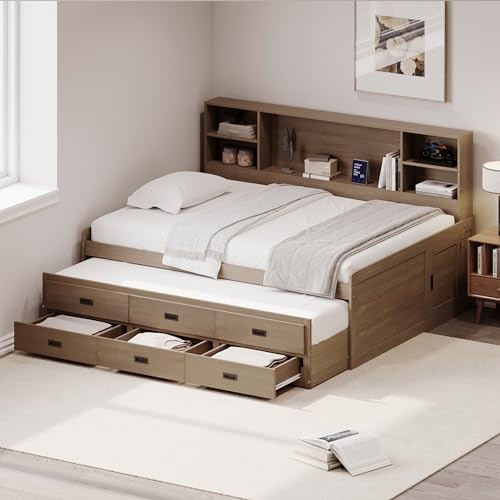 Harper & Bright Designs Full Captain’s Bed with Trundle, Drawers, Bookcase, Solid Wood Full Storage Daybed Frame for Kids Guests, No Box Spring Needed (Full Size, White)