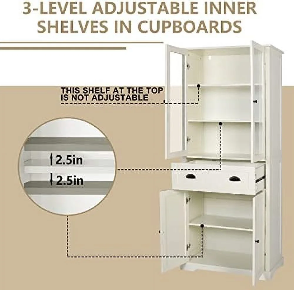RUNFAYBIU Kitchen Pantry Cabinet   72" Freestanding Kitchen  Cabinets with Large Drawer  Tall Enclosed Cupboard with Adjustable Shelves  Natural Color