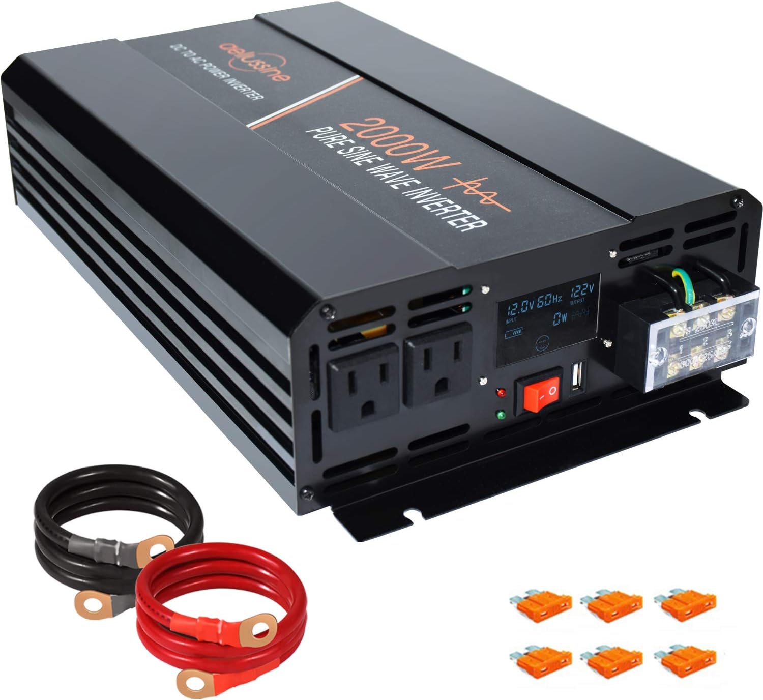 aeliussine Power Inverter 2000W Pure Sine Wave Inverter 12v DC to AC 120v Peak 4000 Watt Converter with LCD Display USB Charge Port for Car RV Boat Solar Power System.
