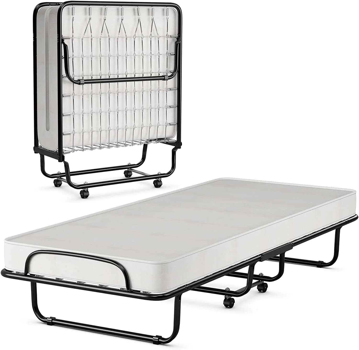 Folding Bed with Mattress Memory Foam, Bed w/Sturdy U-Shaped Metal Bed Frame, 4 Universal Wheels, Portable Guest Bed, Easy Storage, Cot-Size Rollaway Single Bed, Made in Italy