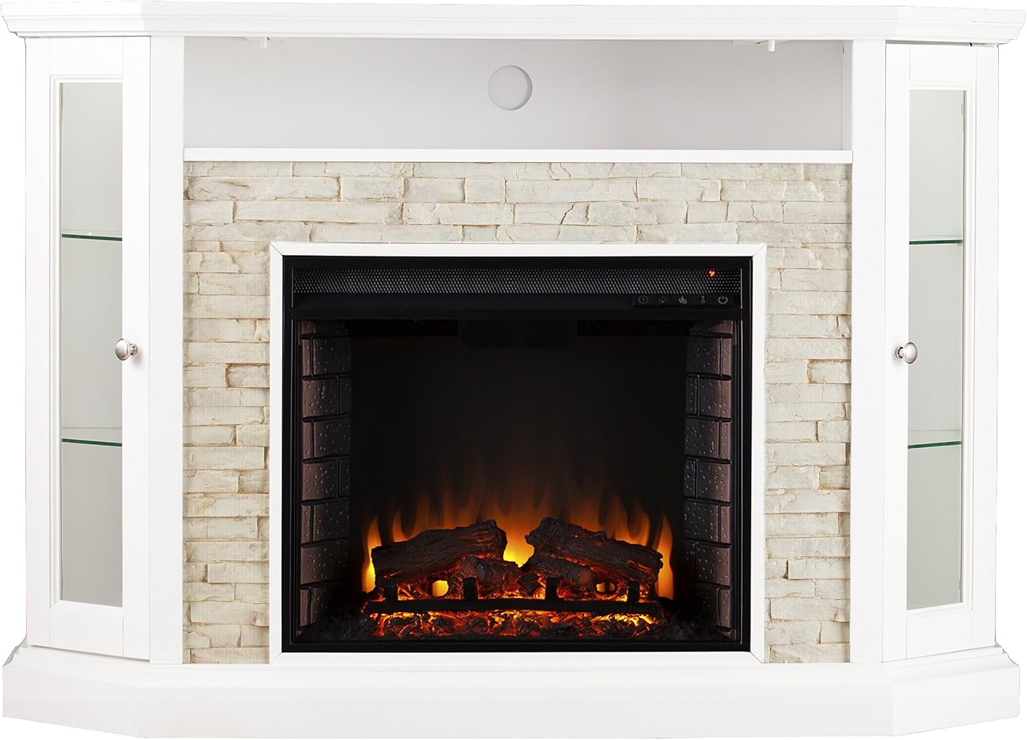 SEI Furniture Redden Faux Stone Convertible Electric Media Storage Corner Fireplace, Fresh White