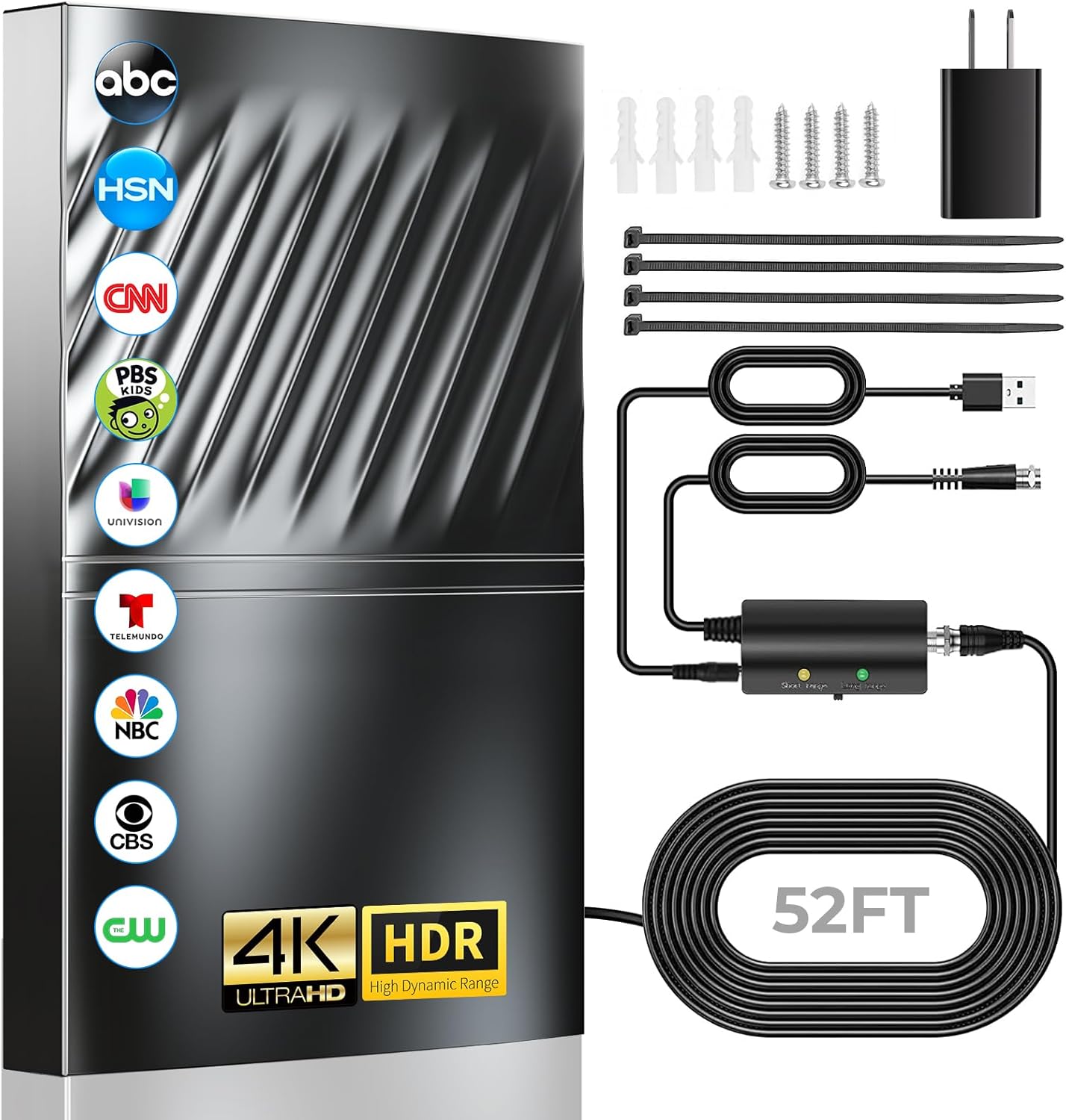 2024 Newest TV Antenna Indoor Smart Digital Up to 2000+ Miles-Amplified HD TV Antenna Outdoor for Local Channels with Amplifier and Signal Booster-52ft Coax HDTV Cable/AC Adapter-Support 8K 4K 1080p