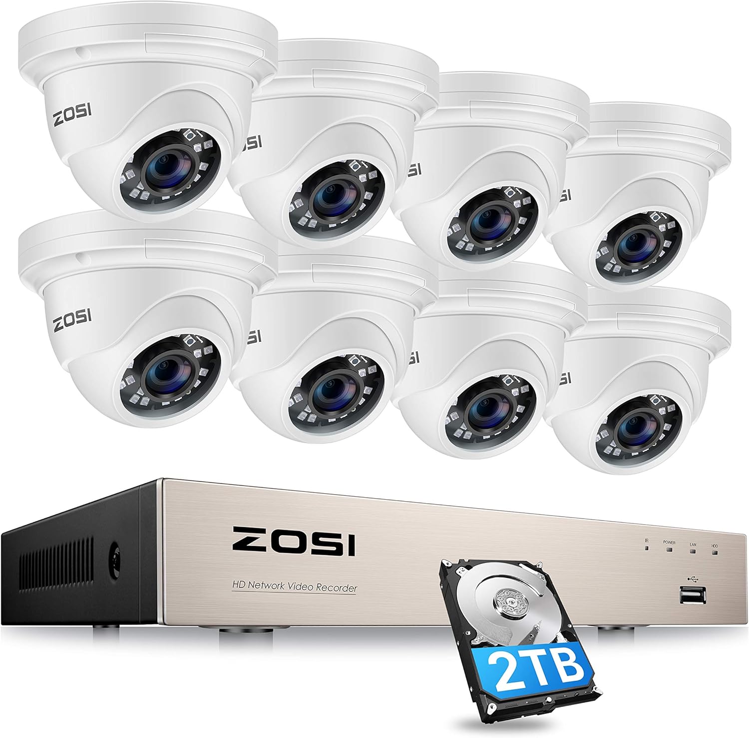 ZOSI H.265+ 8CH 5MP PoE Home Security Camera System with 2TB HDD, 5MP/2K+ 8-Channel NVR and 8pcs Wired 5MP Indoor Outdoor PoE IP Surveillance Cameras with 80ft Night Vision,Motion Alert,Remote Access