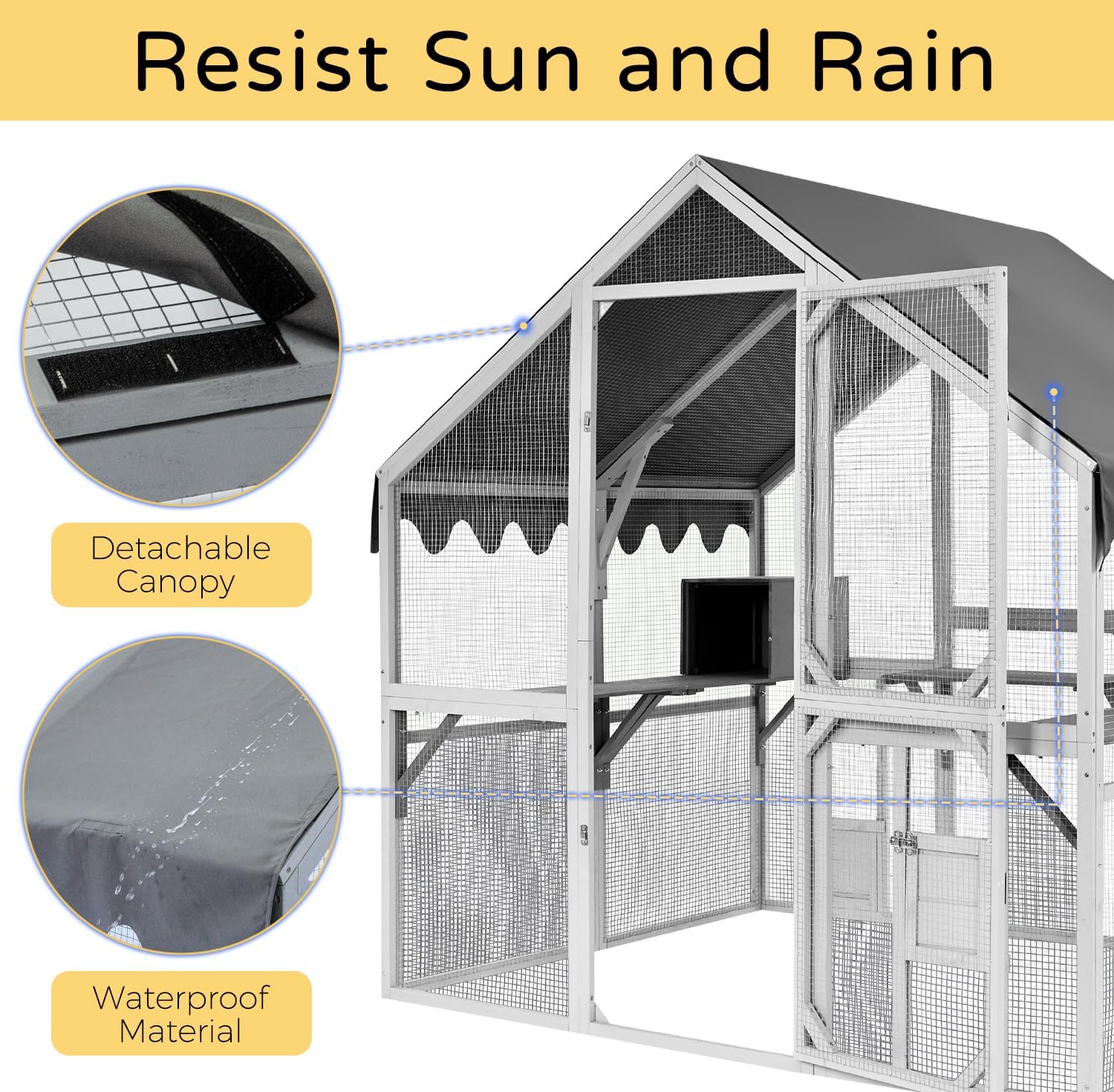 Catios for Cats Outdoor Patio Large Outdoor Cat Enclosure with Escape-Proof, Weatherproof for Multiple Cats Wooden Cat House, White-Grey LxWxH 74"x56.7"x73.6"