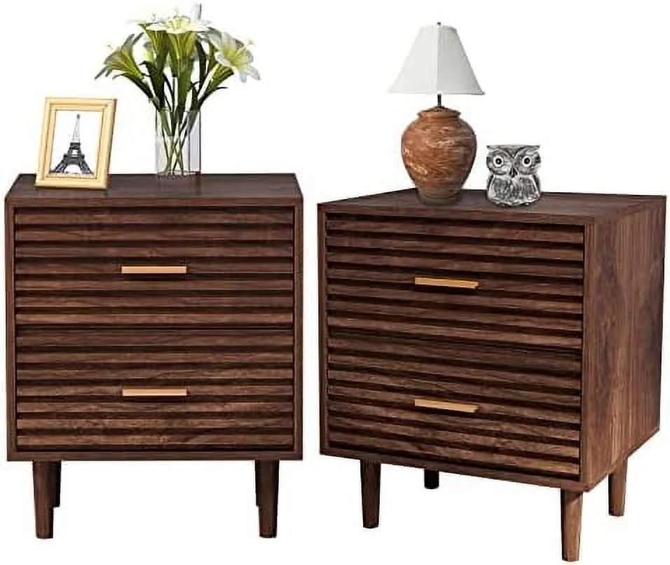 Nightstands Set of 2 End Table with 2 Drawers  Bed Side Table for Bedroom  Mid Century Modern Side Table with  Vintage Wood Accent Table for Living Room  Rustic Brown (2 Pack)