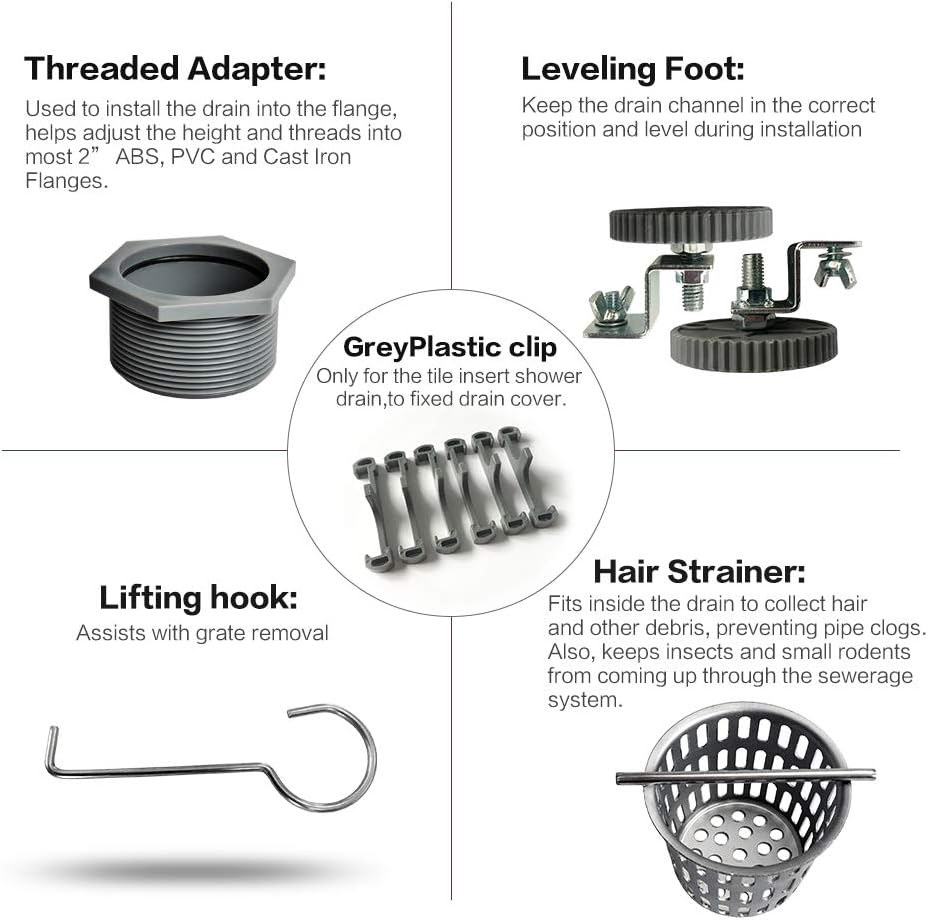Neodrain 36-Inch Offset Linear Shower Drain with Tile insert Grate Cover, Brushed 304 Stainless Steel Rectangle Side Outlet Shower Floor Drain, Adjustable Leveling foot, Hair Strainer/catcher