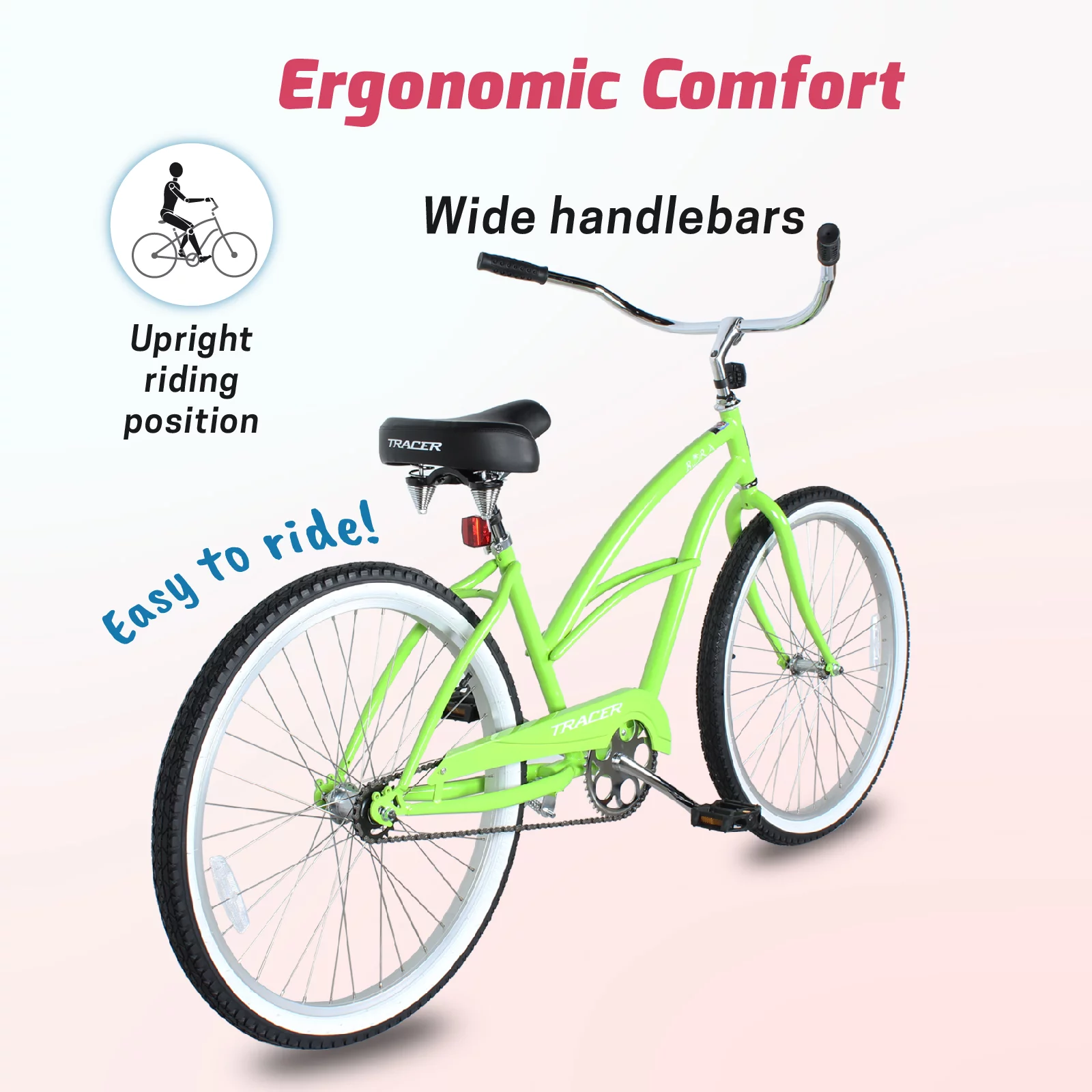 Tracer Lightweight Beach Cruiser Bike for Adult, 26 Inch Wheels, Featuring Steel Step Over or Step Through Hi Ten Steel Frame, Hybrid Bike, Coaster Brake, 1 Speed, Complete Cruiser, Mint Green, Female