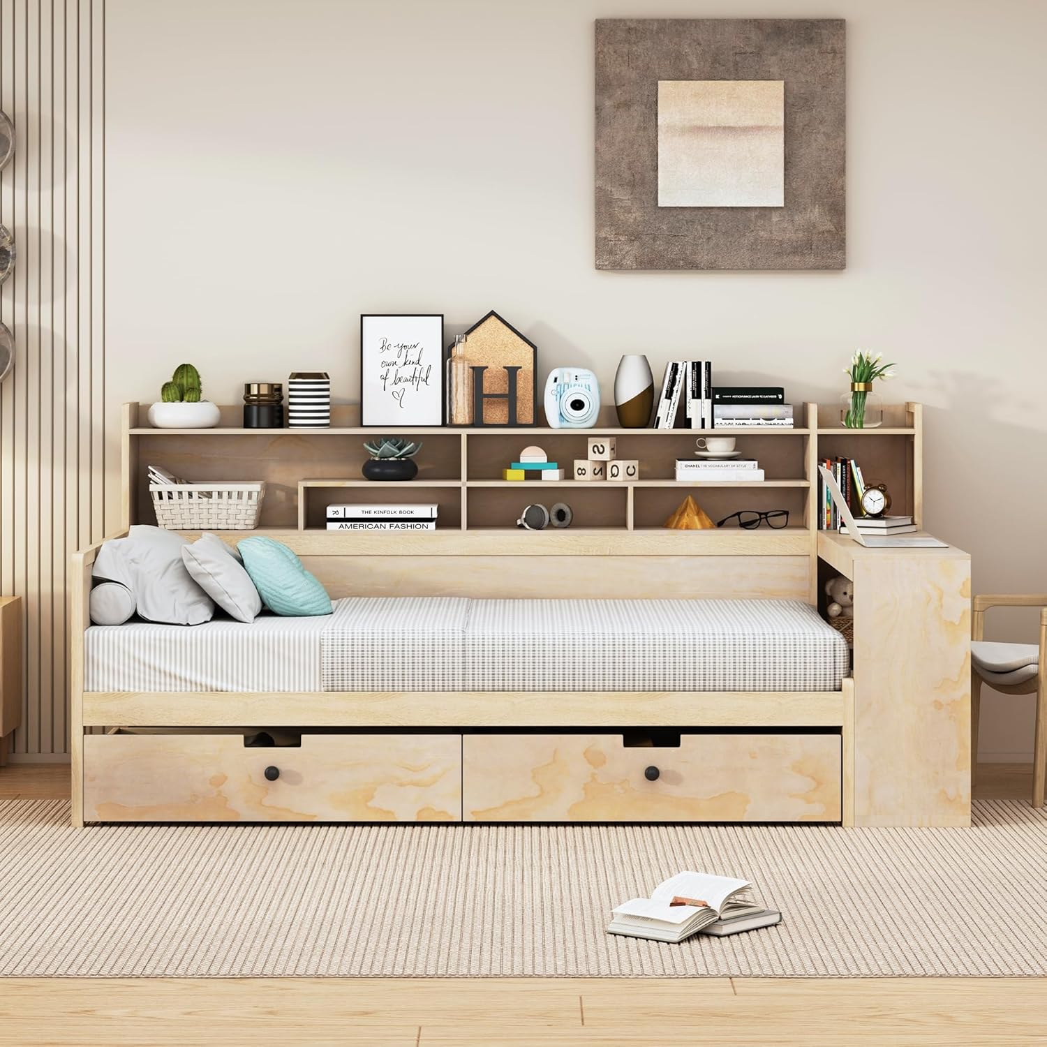 Twin Size Wooden Captain Bed Daybed with Storage Bookshelf, Study Desk and 2 Drawers, Multi-functional Storage Bed Frame for Bedroom Furniture, Space-Saving, Natural