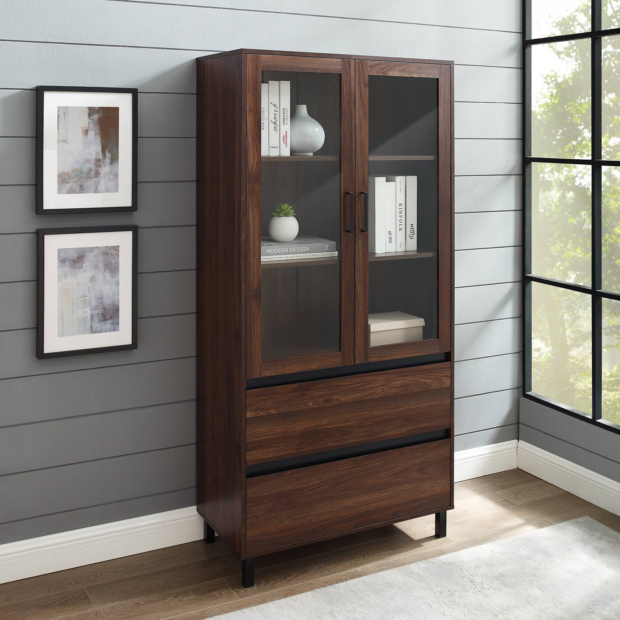 Walker Edison 68x22 Glass Door Storage Hutch - Dark Walnut