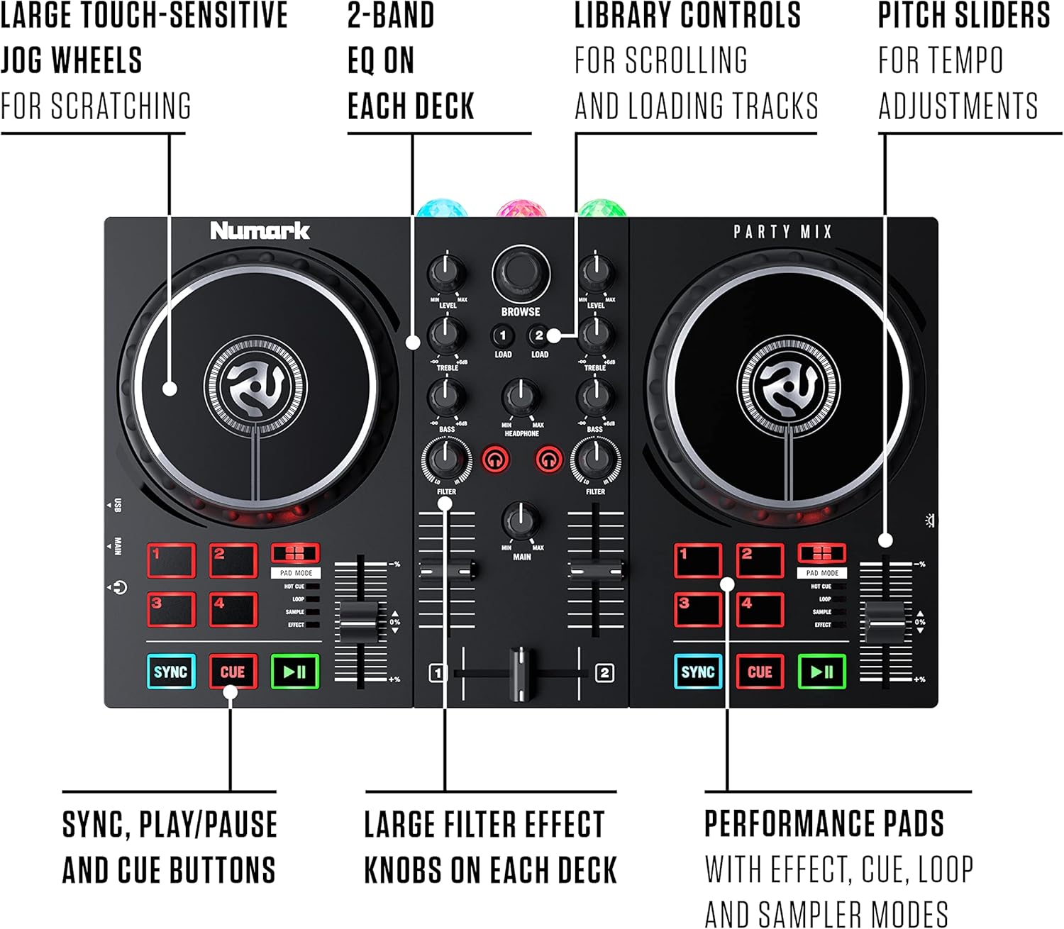Beginner DJ Set - Numark DJ Controller and DJ Headphones plus M-Audio DJ Monitor Speakers with Serato DJ Lite and Party Lights
