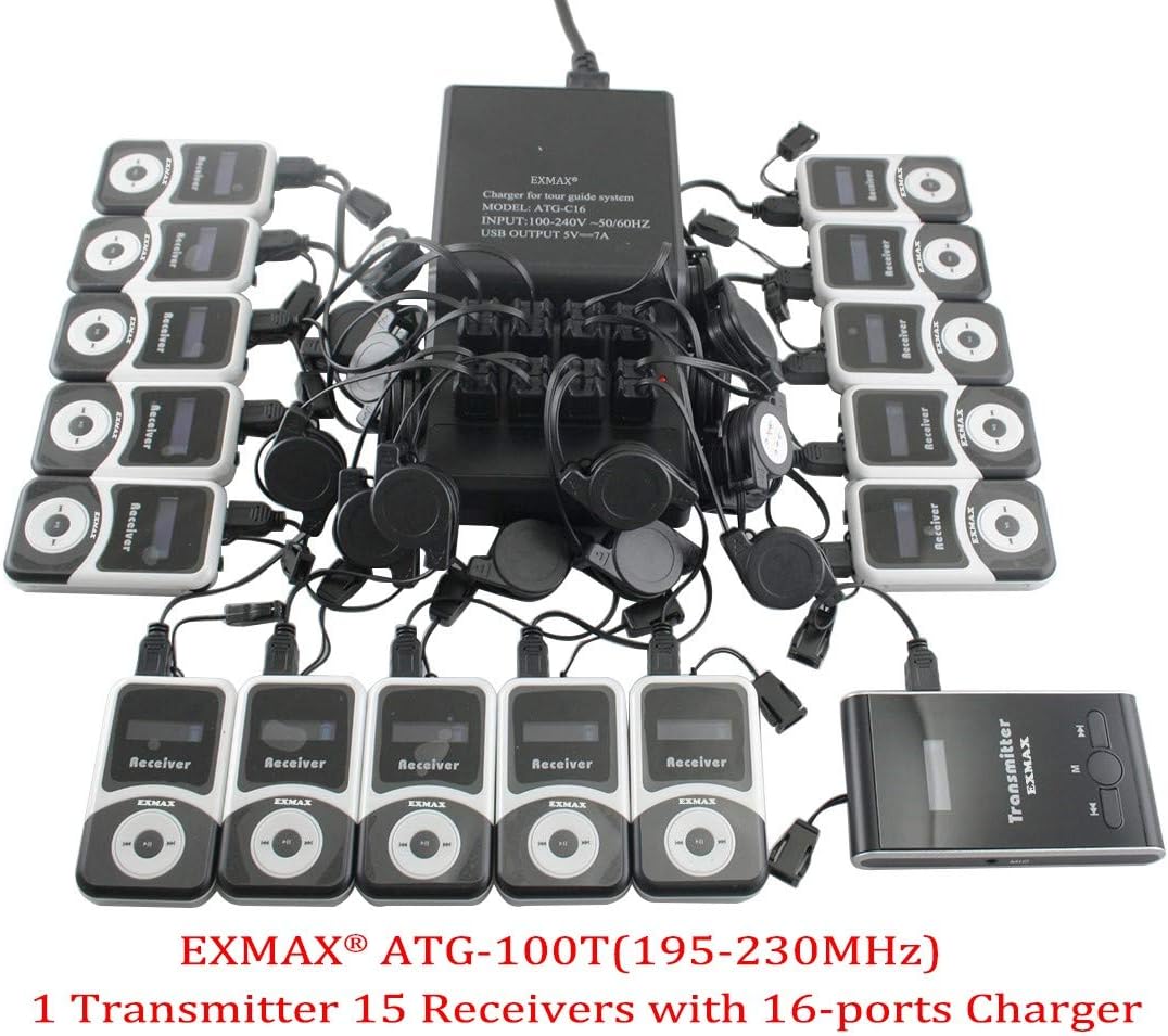 EXMAX® ATG-100T 195-230MHz Wireless Tour Guide System Simultaneous Translation Interpreting Equipment for Church Translator in Your Ear Translation Devices 1 Transmitter 15 Receivers + Charge Station