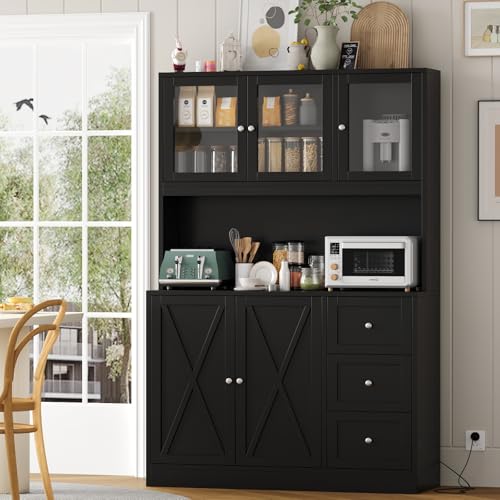 Irontar 70.9'' Kitchen Pantry Cabinet, Kitchen Hutch with Microwave Stand & Charging Station, Farmhouse Tall Storage Cabinet with Countertop, Bar Cabinet with Drawer and Glass Doors, Natural CWG011ME
