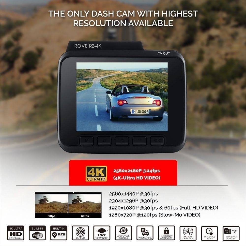 Rove R2-4K Car Dash Cam - 4K Ultra HD 2160p - Built-In WiFi u0026 GPS, PA