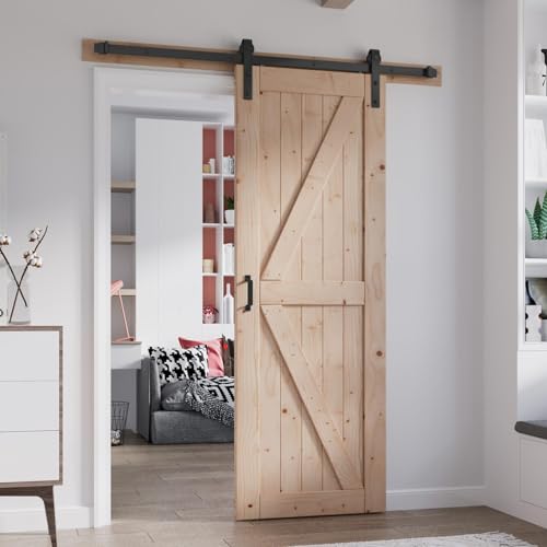 FREDBECK 48in x 80in Sliding Wood Barn Door with 8FT Barn Door Hardware Kit Included K Shape Solid Spruce Panel Sliding Door Double Surfaces Need to Assembly