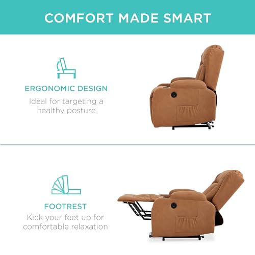 Best Choice Products PU Leather Electric Power Lift Chair, Recliner Massage Chair, Adjustable Furniture for Back, Legs w/ 3 Positions, USB Port, Heat, Cupholders, Easy-to-Reach Side Button - Brown
