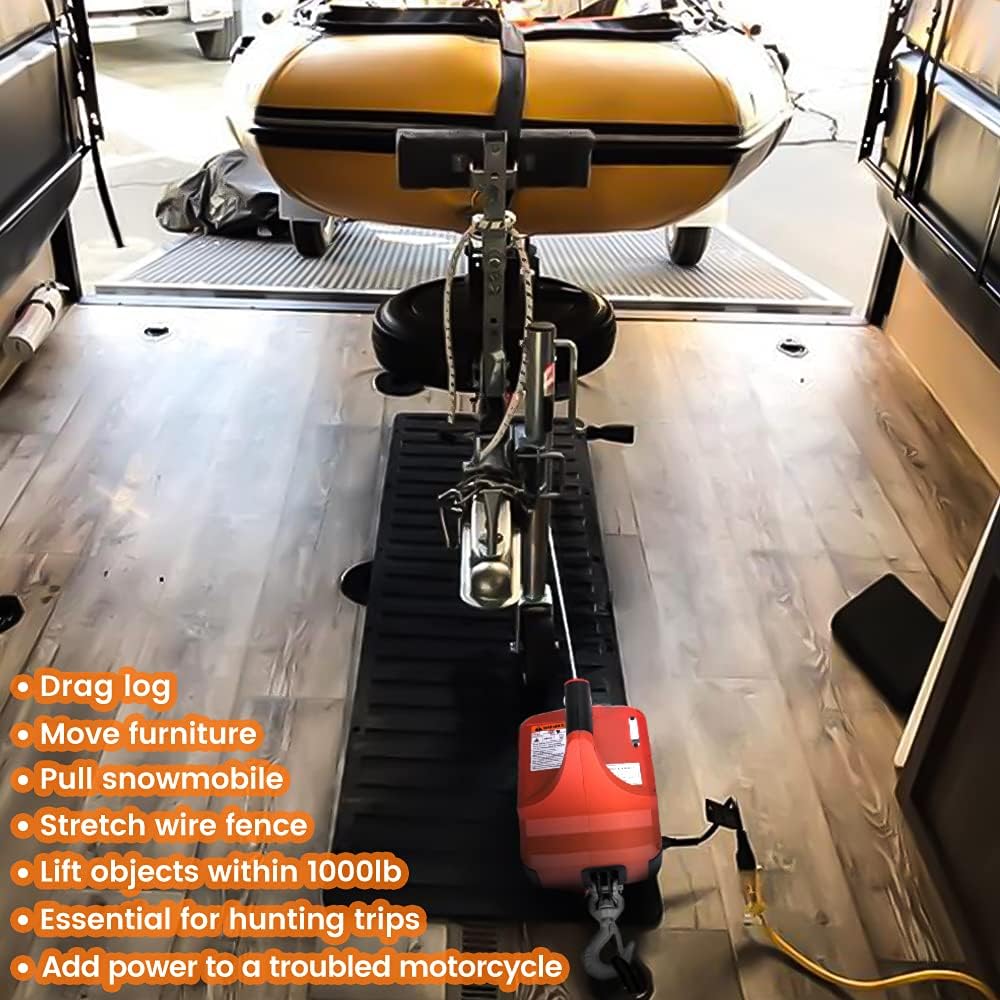 Anbull Portable Electric Winch/Hoist AC 100-240V Corded Electric Winch 15 Foot Aviation Grade Galvanized Steel Wire Aope 1000 Ib Pulling Capacity (Wireless Remote Control)