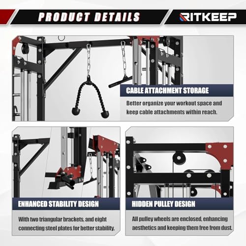 Smith Machine,RitKeep PMAX 5600 Pro,All-in-One Home Gym Equipment Featuring 2200lb Load Capacity and 320lb Weight Stack,Includes T-Bar Row,LAT Pulldown Bar,and More Attachment,for Home Gym Use
