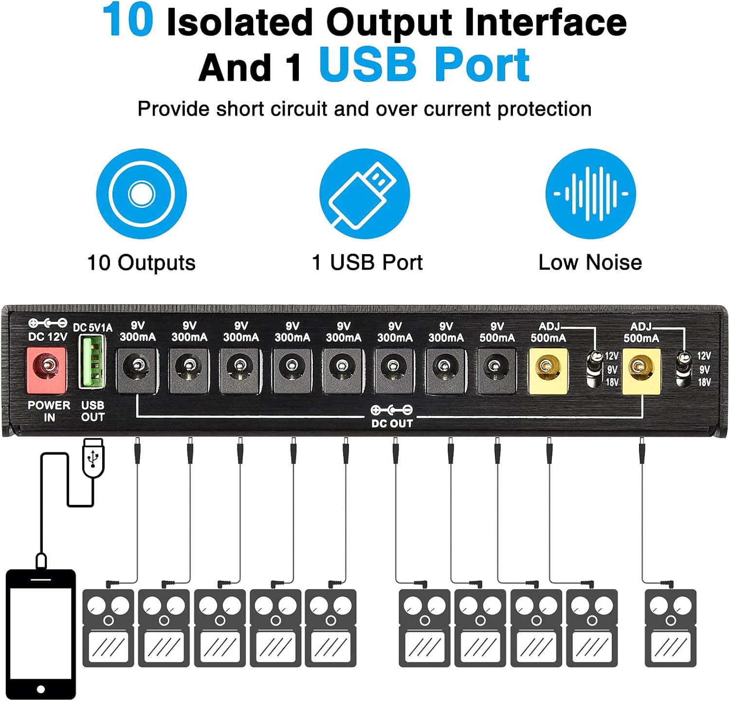 CAMOLA Mosky Guitar Pedal Power Supply 10 Isolated DC Output 9V 12V 18V 300mA 500mA Guitar Effects Pedal Board Power Supply with Short Circuit/Overcurrent Protection, 5V/1A USB Port