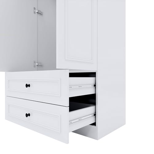 Armoire Wardrobe Closet Wood with 4 Doors 2 Hanging Rods 4 Drawers Mirror Shelving for Spacious Bedroom Armoire Storage Cabinet Large Capacity 61.42" W x 20.59" D x 70.87 "H White
