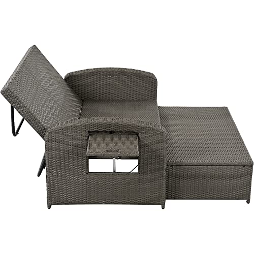 Outdoor Rattan Double Chaise Lounge with Adjustable Back and Cushions, 2-Person Reclining Daybed with Cup Trays, Patio Sunbed with Free Furniture Protection Cover, for Poolside Lawn, White