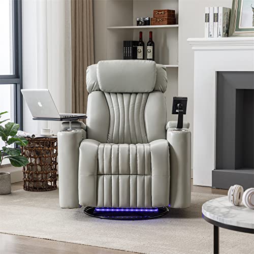 Power Swivel Rocker Recliner Chair, Modern PU Leather Lounge Chair with 360° Swivel Tray Table & Phone Holder & LED Light Strip & USB Charging Port & Cup Holders, Home Theater Single Sofa Chair, Grey