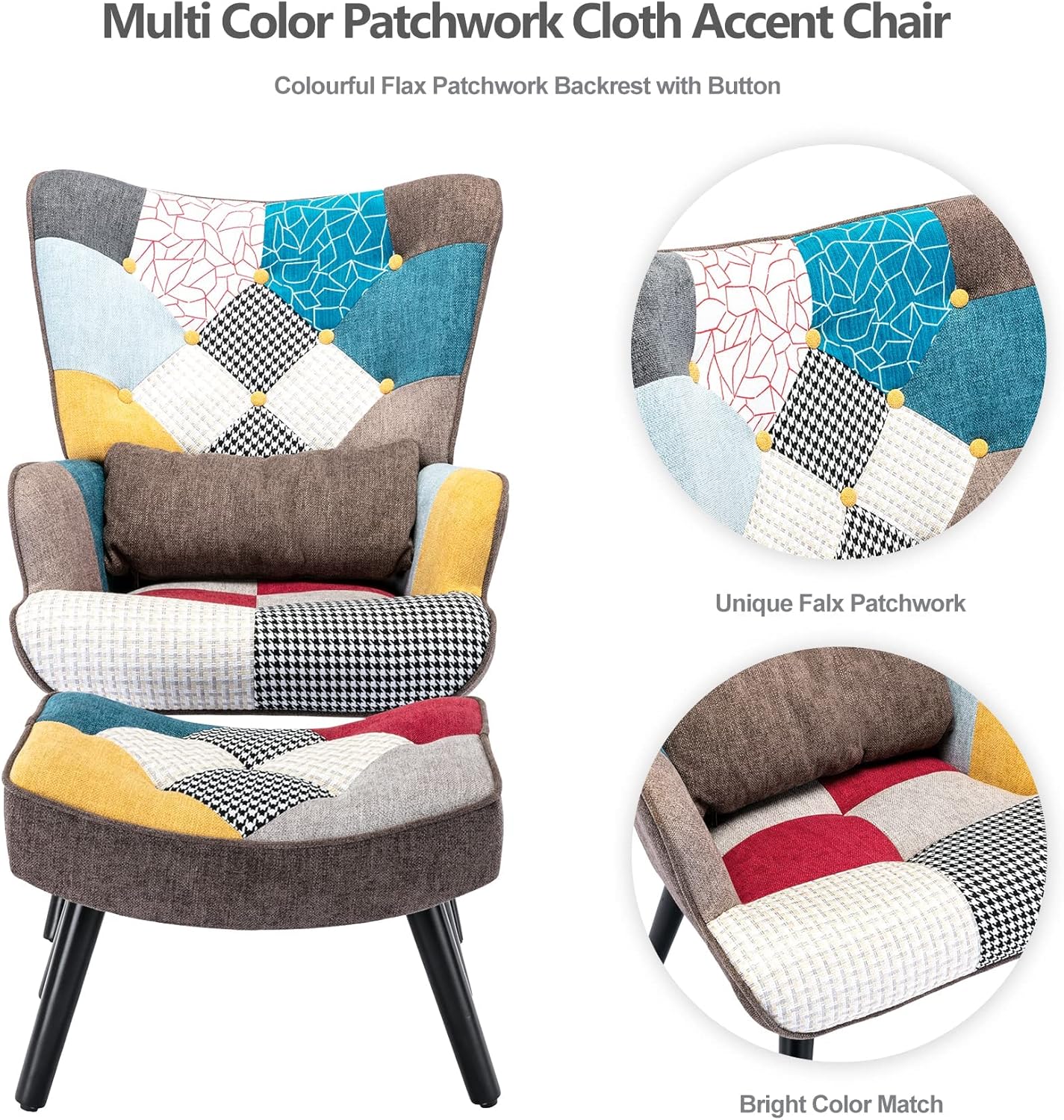 HomeMiYN Patchwork Accent Chair with Ottoman, Modern Colorful Reading Armchairs with Footrest, Splicing Wingback Chair with Wooden Legs for Living Room, Bedroom