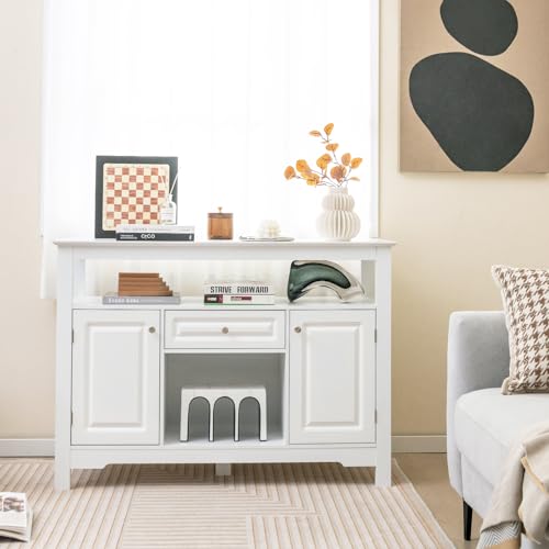 Giantex Bar Cabinet with Storage, Buffet Sideboard w/ 12-Bottle Removable Wine Rack, 2 Doors & Drawer, Multipurpose Wine Liquor Coffee Cabinet for Kitchen, Dining Room, Living Room, Entryway (White)