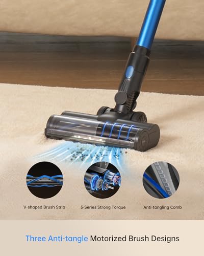 FABULETTA Cordless Vacuum Cleaner for Home, 400W Lightweight Vacuum Cleaner with MAX 47Min Detachable Battery, Brushless Motor, 6 in 1 Stick Vacuum for Hardwood Floors and Carpet Pet Hair Car（Blue）
