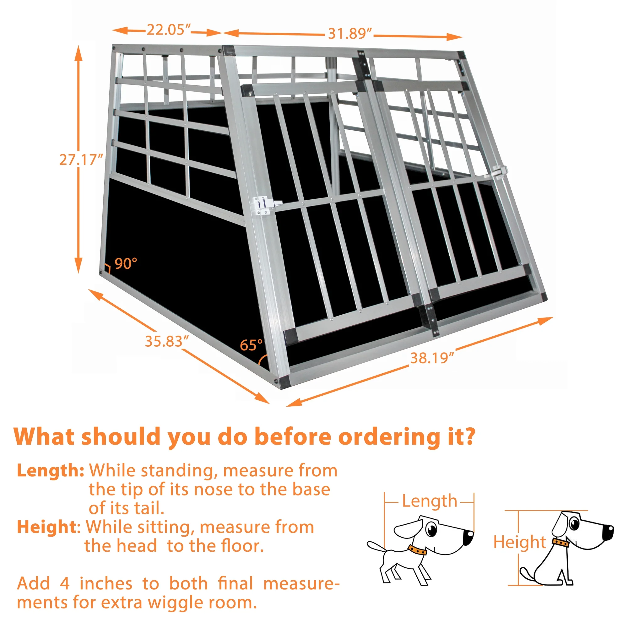 Double Doors Pet Car Transport Cage, Aluminium Puppy Travel Crate Box, Trapezoidal Kennel Dog Cat Carrier Cage