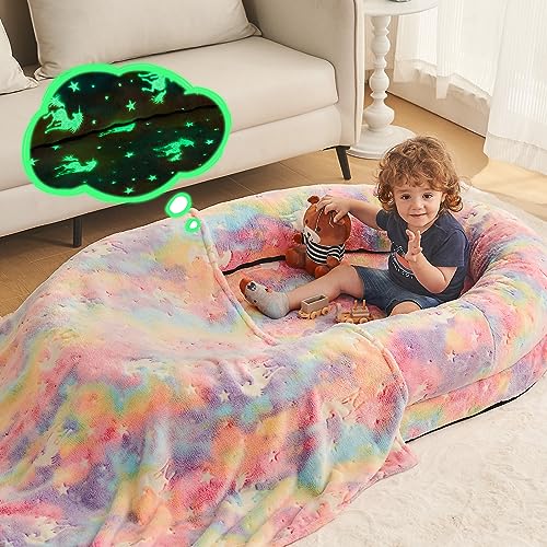 Human Dog Bed,72"x48"x10" Large Gaint Shared Bed for Adult - Flufelbed Standard Cloud Bed for Humans and Dogs - Nap Bed Bean Bag Bed Faux Fur Fluffy Orthopedic Pet Sleeping Bed(Large,Black)