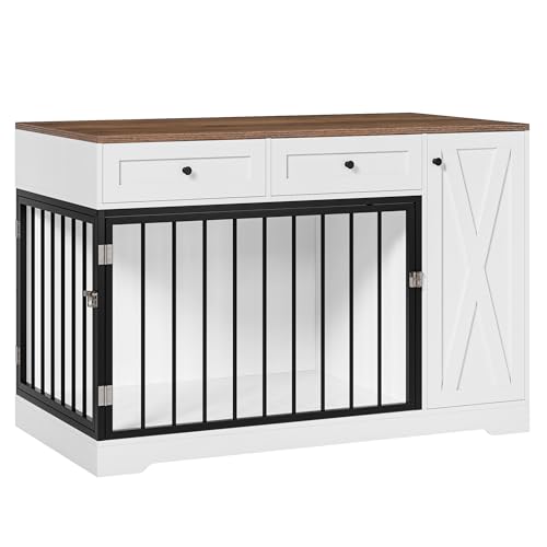 Dog Crate Furniture Kennel with Double Doors Wooden Pet House with 2 Drawers and Storage Cabinet, Indoor Dog Cage Farmhouse Modern Side End Table for Small Medium Dogs, White