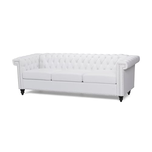 Chesterfield Sofa White PU Leather - 3-Seater Sofas for Living Room Button Tufted Tufted Sofa Couch Furniture for Living Room Bedroom Office Nailhead Upholstered Couches Minimalis Light Luxury