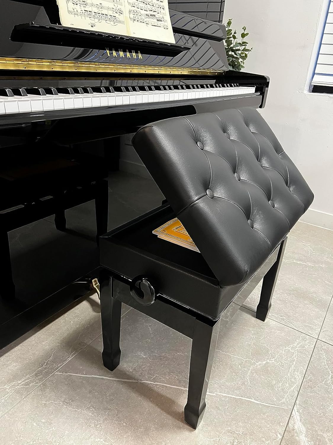 Genuine Leather Adjustable Artist Piano Bench Stool in Ebony with Music Storage