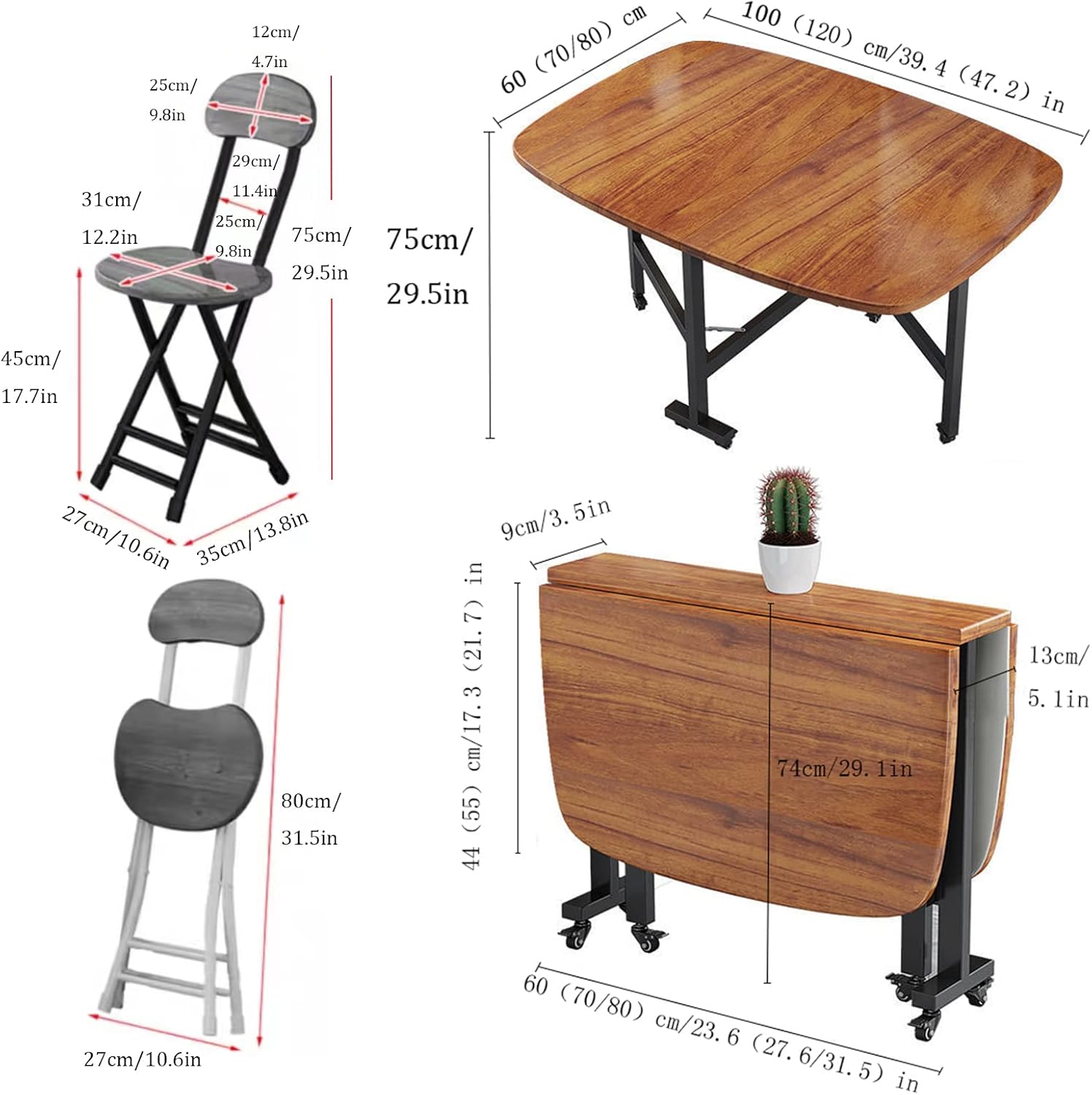 Kitchen Folding Tables, Butterfly Folding Dining Set 4 Space-Saving Folding Dining Table Set with 4 Chairs and 360° Universal Wheels Movable Drop Leaf Table