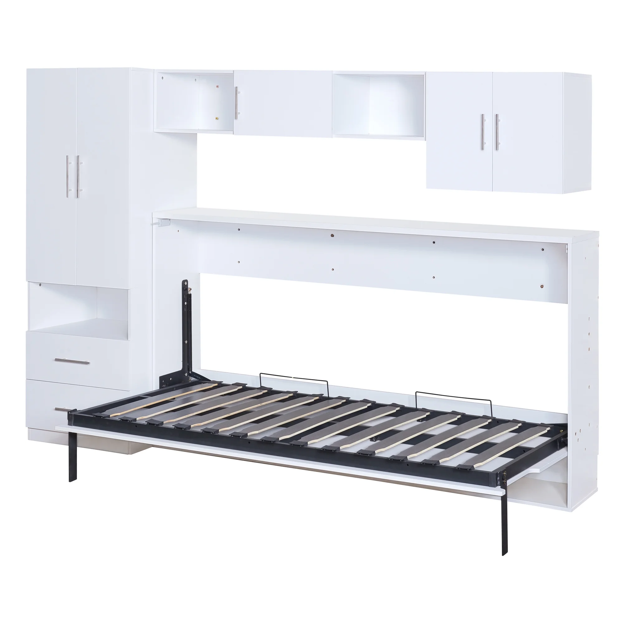 Euroco Twin Size Murphy Bed with Shelf and Drawer, Built-in Wardrobe and Desktop, Convertible into Cabinet for Living Room, Guests Room, Space-Saving Bedroom Furniture Sets