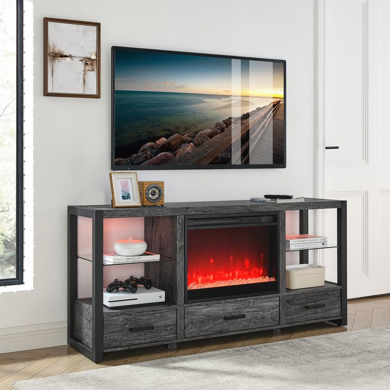 Farmhouse TV Stand with Fireplace,Entertainment Center for TVs up to 65" TV,Media Console Television Stands w/Storage Cabinet & Adjustable Shelves,Coffee Table Credenza for Living Room,Grey
