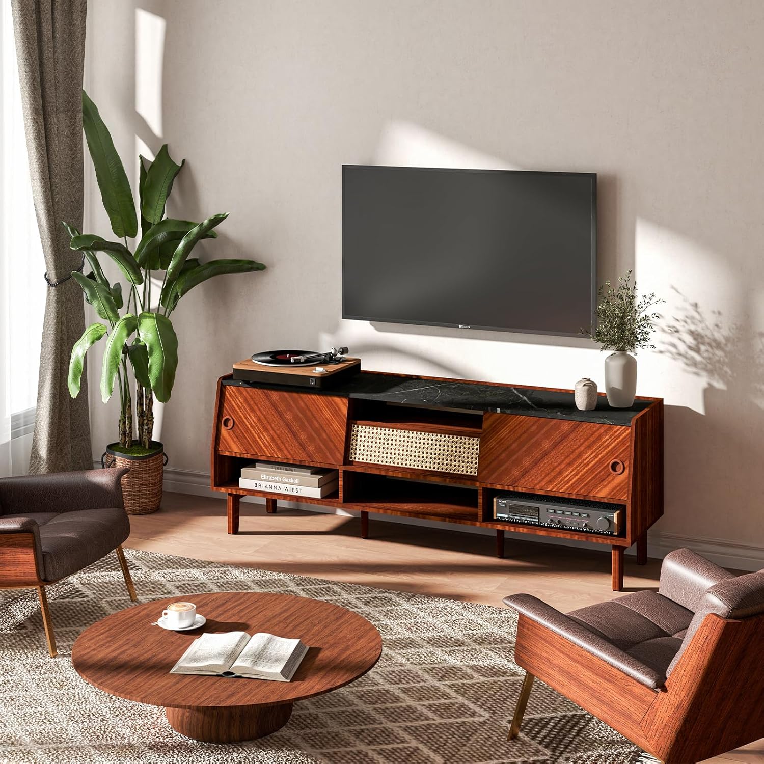 TV Stand for 75+ Inch TV, Mid Century Modern TV Stand with Rattan Drawer,Entertainment Center with Storage, Large Media TV Console, 67 inch Long Television Stand for Living Room,Walnut