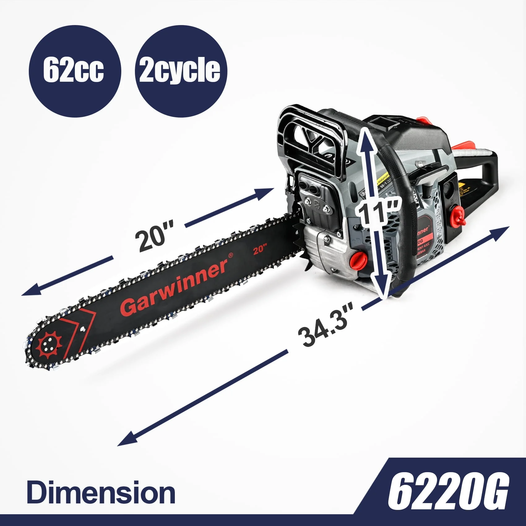 Garwinner Gas Chainsaw 20'' 2-Stroke 62CC Cordless Chainsaw 6220G for Farm, Garden and Ranch for Cutting Wood