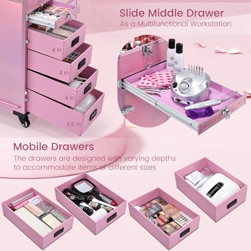 Joligrace Rolling Manicure Table Makeup Case Foldable Nail Desk 5 Drawers Cosmetology Case on Wheels with Brush Pouch for Technician Workstation Mobile Makeup Artist Trolley, Black