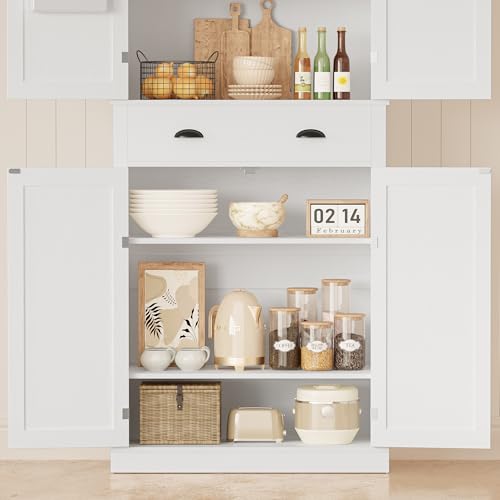 IRONCK Kitchen Pantry Storage Cabinet 72.6" H, with Barn Doors, Drawer, 4 Adjustable Shelves, Freestanding Cupboard for Dining Room Living Room, Laundry, White
