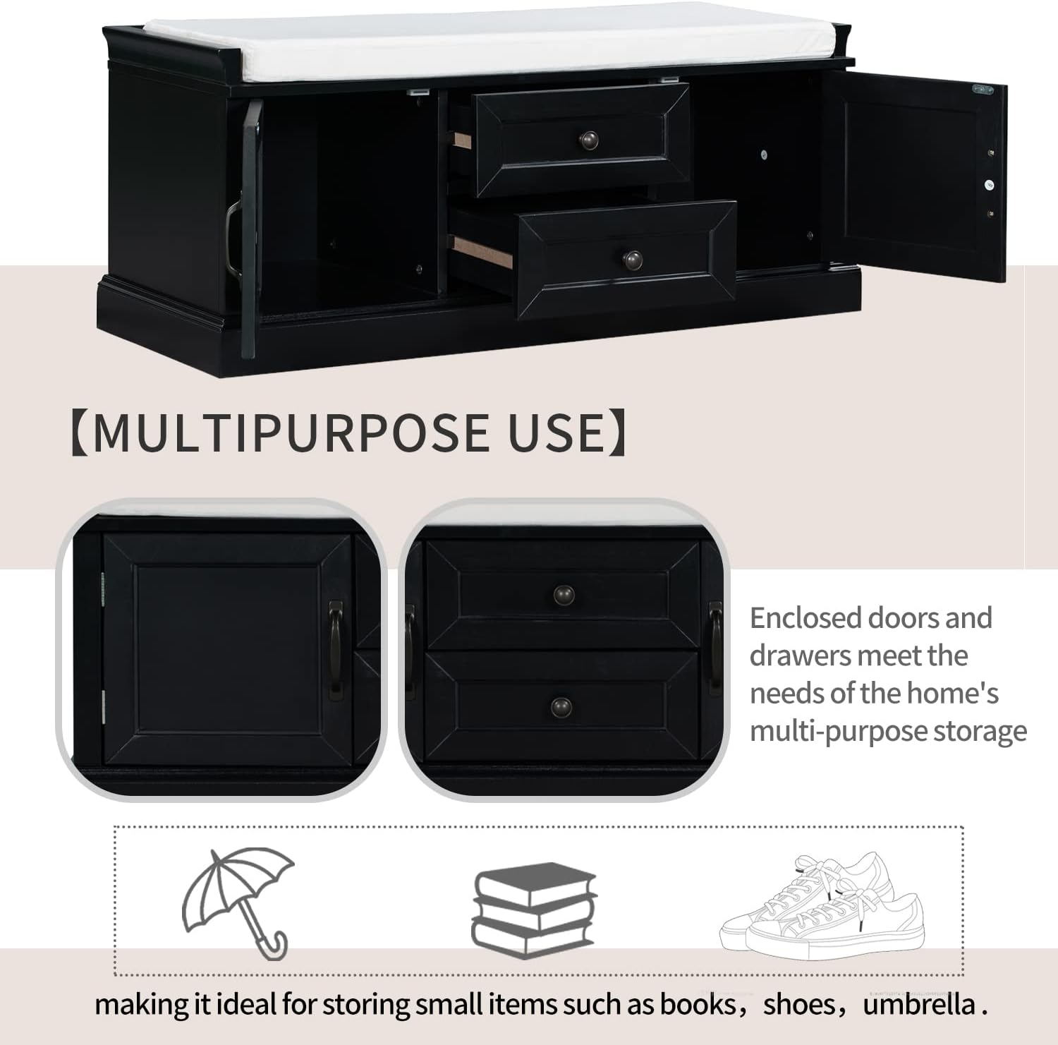 NicBex Storage Bench with 2 Drawers and 2 Cabinets Modern Seat Bench with Storage and Seating Bench,Shoe Storage Organizer with Removable Cushion for Living Room, Entryway, Black