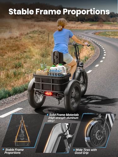 Electric Trike for Adult with 750W Motor, 48V 18AH Cells Battery, Pickup Class 500 LB Load Electric Tricycle with 20" Fat Tire and Large Basket, 60 Miles Range, for City and Mountain Road