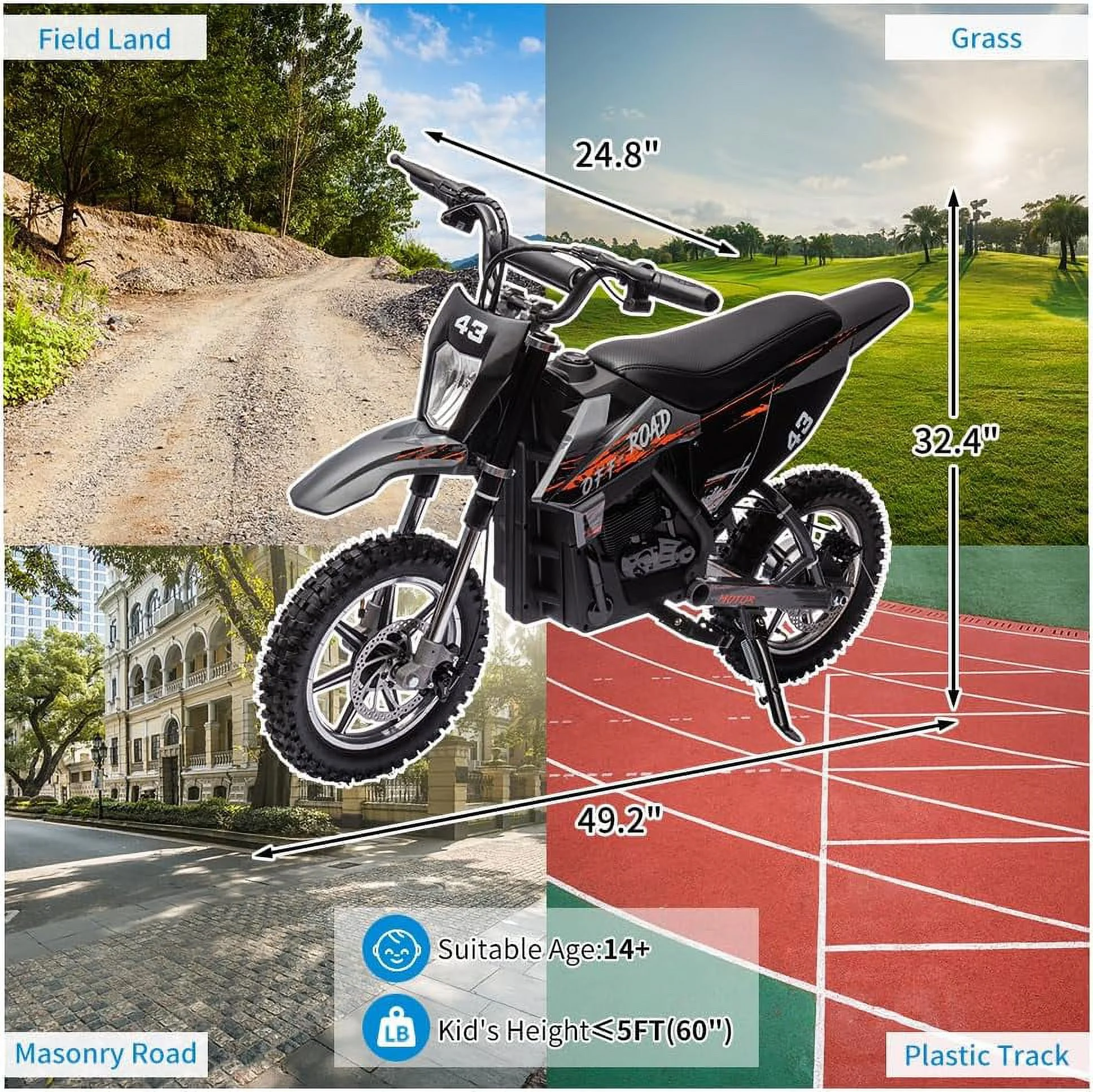 36V Electric Dirt Bike for Kids, Ride on Motorcycle 350W Brushless Motor Variable Speed to 15.5MPH with LED Headlight, Leather Seat,Front+Back Brake for Teens Max Load 175lbs,Black