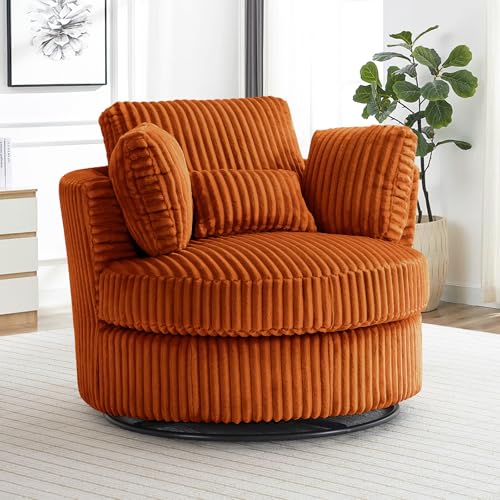 Chair and A Half with Ottoman, 360° Swivel Accent Barrel Chair Modern Comfy Round Reading Sofa Swivel Chairs Circle Lounge Chair for Bedroom Living Room w/4 Pillow Lower Seating Heigh (White, Large)